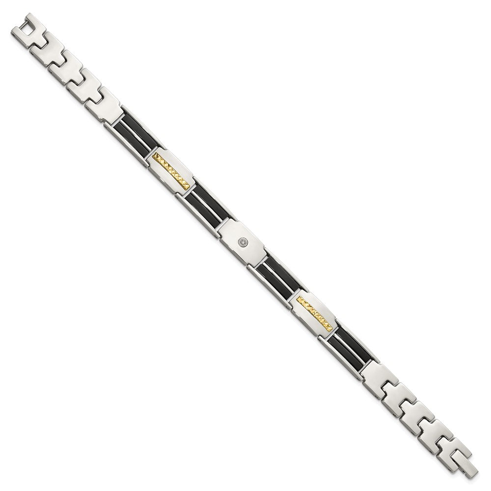 Chisel Stainless Steel Polished with Diamond-cut 14K Gold Accent and 1/20ct. Diamond with Black Enamel 8 inch Bracelet 8 inches