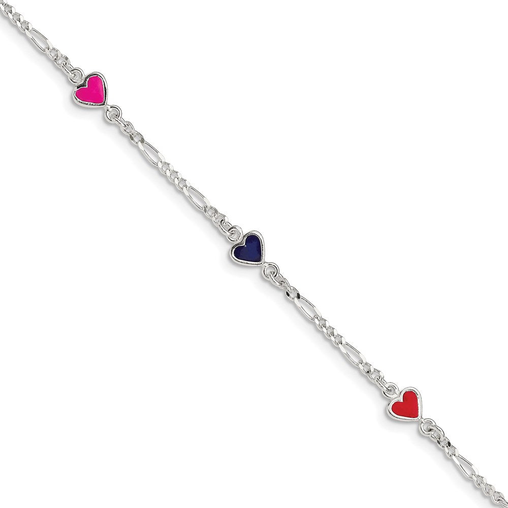 Sterling Silver Polished & Multi-color Enameled Hearts with 1 Inch Extension Children's Bracelet 6 inches