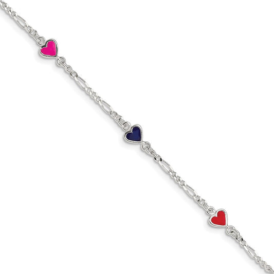 Sterling Silver Polished & Multi-color Enameled Hearts with 1 Inch Extension Children's Bracelet 6 inches