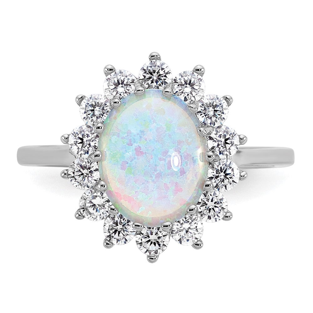 Cheryl M Sterling Silver Rhodium-plated Polished Created Opal and CZ Oval Halo Ring