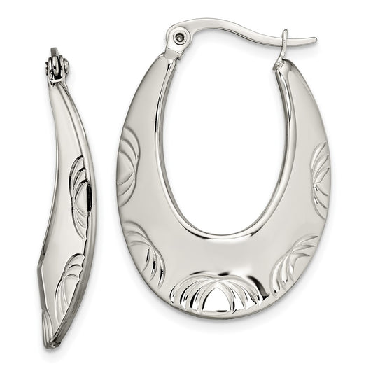 Stainless Steel Polished and Textured Half Circle Design Hoop Earrings