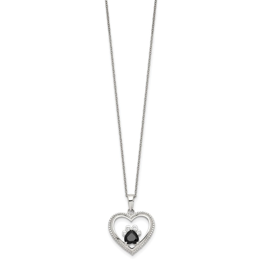 Sterling Silver Black and White CZ Heart with Paw Print 18 inch Necklace 18 Inches