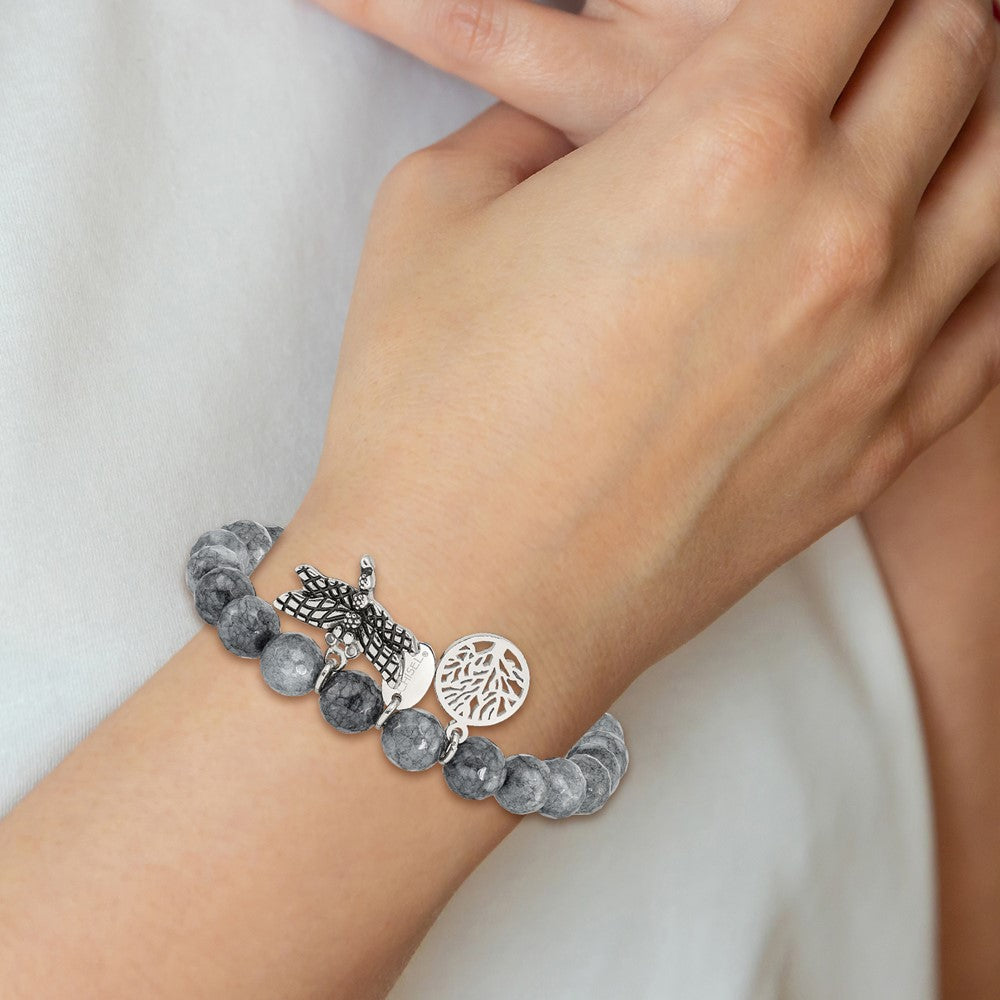 Stainless Steel Antiqued & Polished Dragonfly Grey Dyed Jade Bracelet 6 inches