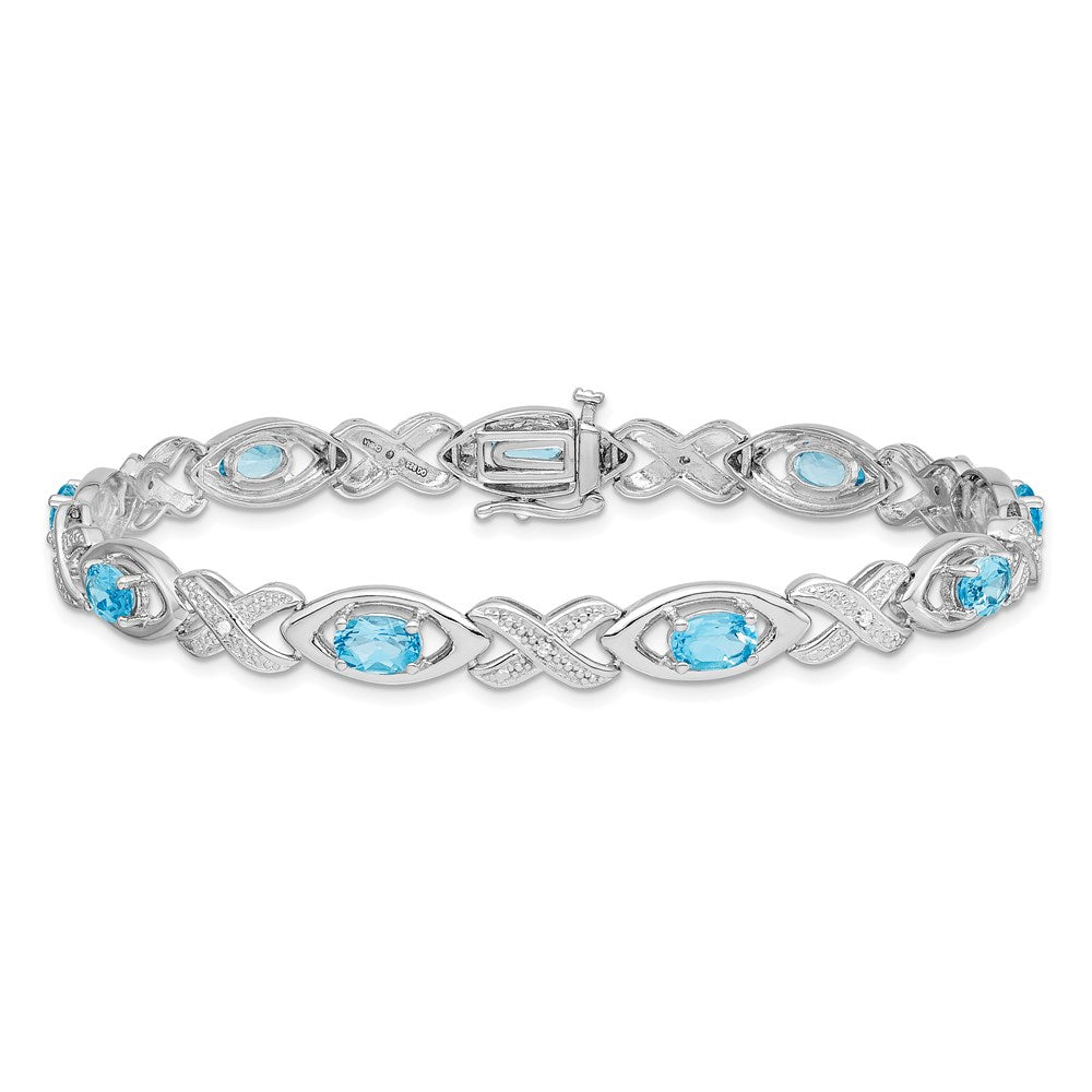 Sterling Silver Rhodium-plated Diamond & Light Swiss Blue Topaz Bracelet 7 inches