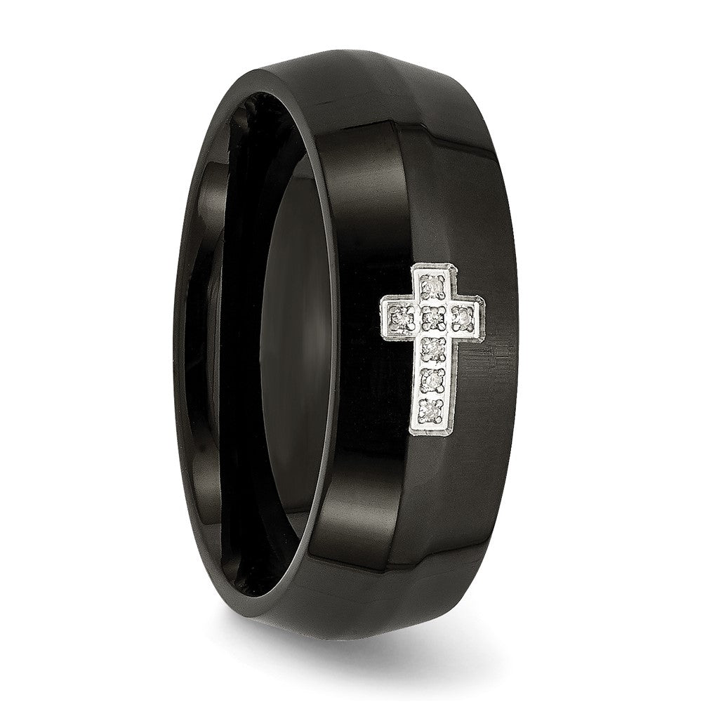 Stainless Steel Polished Black IP-plated 2pt Diamond Cross 8mm Band Size - 13