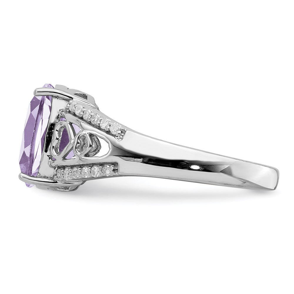 Sterling Silver Rhodium Diam. & Pink Quartz Ring