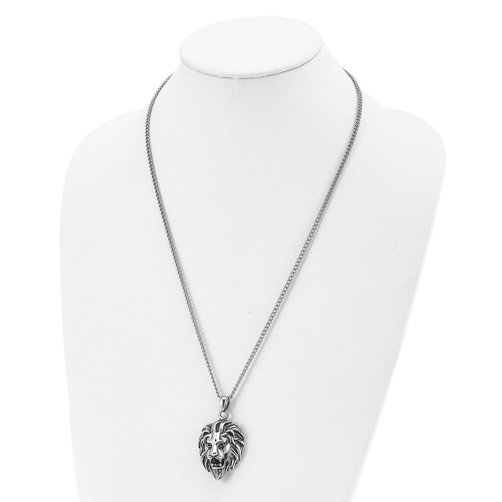 Stainless Steel Antiqued and Polished Lion Head 24in Necklace