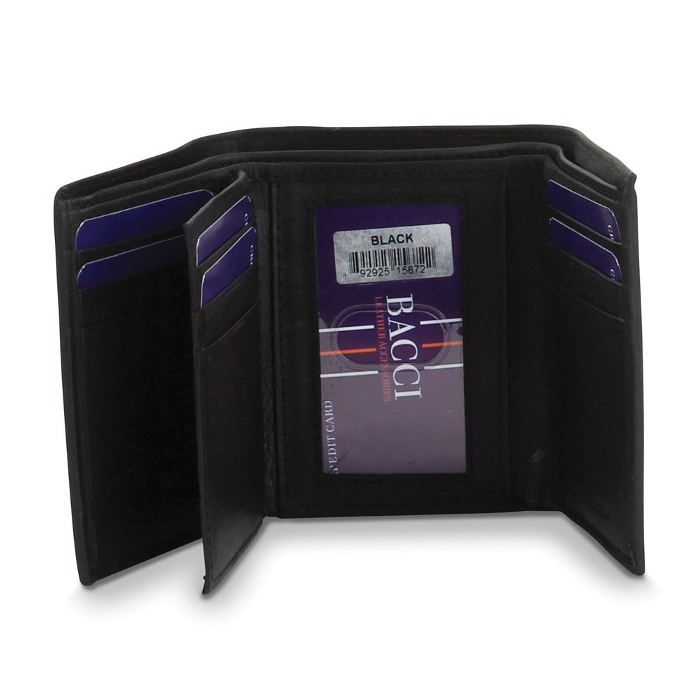 Black Leather 9-Slot Trifold Wallet with Center Flap and ID Window