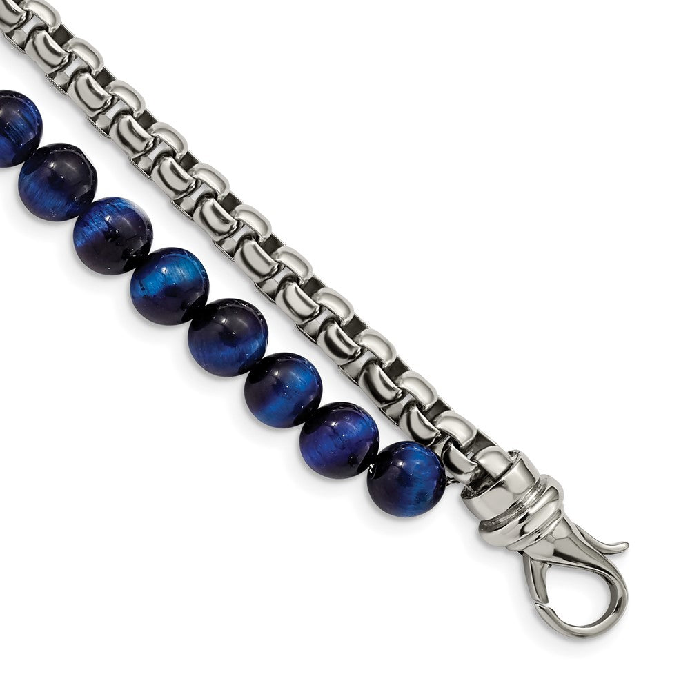 Stainless Steel Polished Box Chain & Blue Tiger's Eye 2 Strand 8.5in Bracel 8.5 inches