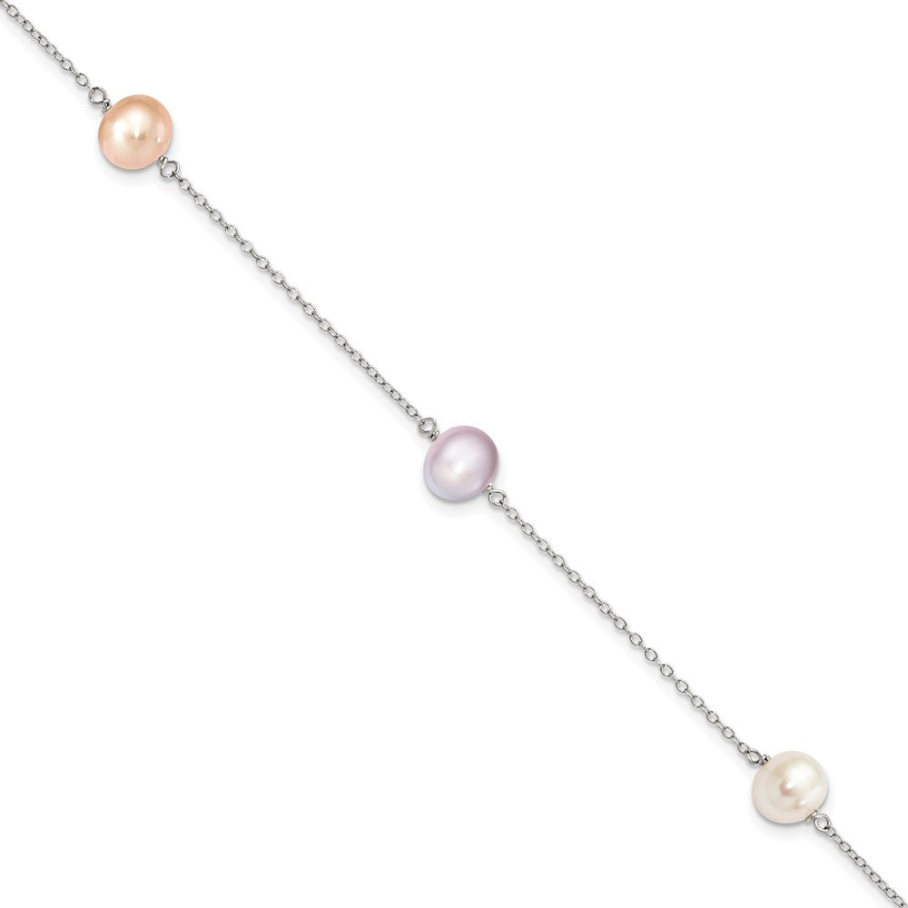 Sterling Silver Rhodium-plated 7-8mm White, Pink and Purple Semi-Round Freshwater Cultured Pearl 3-Station 7.5 inch Bracelet 7.5 inches
