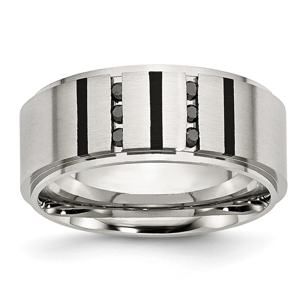 Stainless Steel Brushed Center Black IP-plated 1/6ct Diamond 9mm Band Size - 8