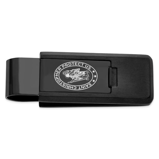 Kelly Waters Stainless Steel Black IP Lasered St. Christopher Flip Money Clip