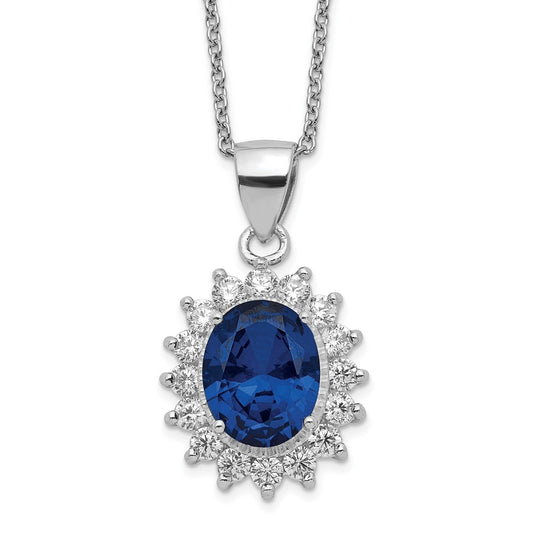 Cheryl M Sterling Silver Rhodium-plated Brilliant-cut Lab Created Dark Blue Spinel and Brilliant-cut White CZ Oval Halo 18 Inch Necklace 18 Inches