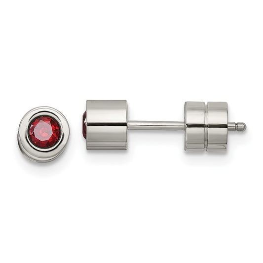 Stainless Steel Polished Red CZ Jan Birthstone Post Earrings