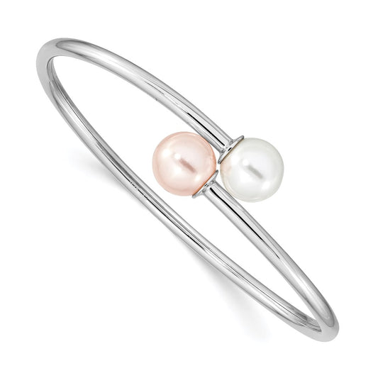 Majestik Sterling Silver Rhodium-plated 10-11mm White Pink Imitation Shell Pearl Bangle 7 inches
