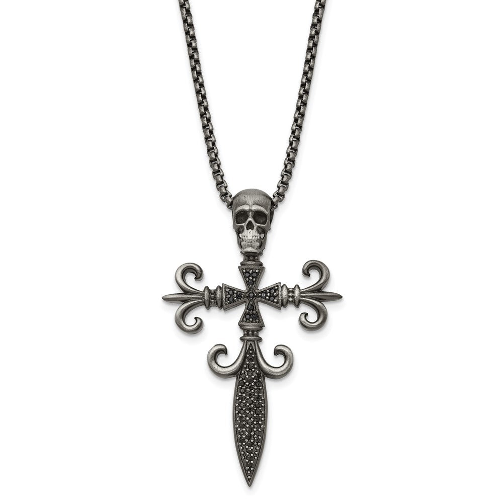 Stainless Steel Antique White Bronze-plated CZ Cross/Skull Necklace