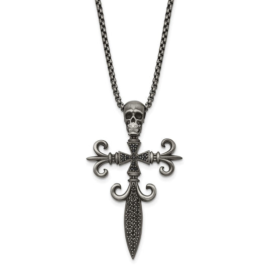 Stainless Steel Antique White Bronze-plated CZ Cross/Skull Necklace