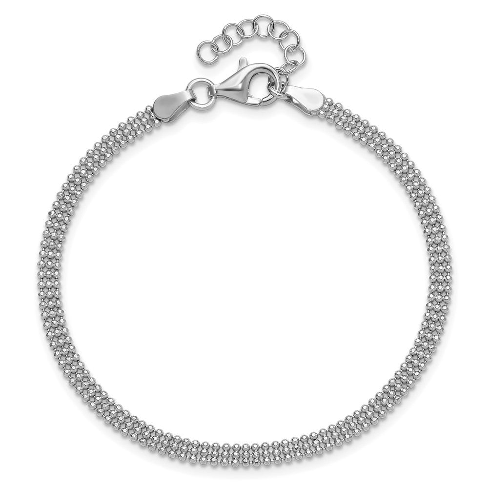 Sterling Silver RH-plt Polished Beaded w/1in ext. Bracelet