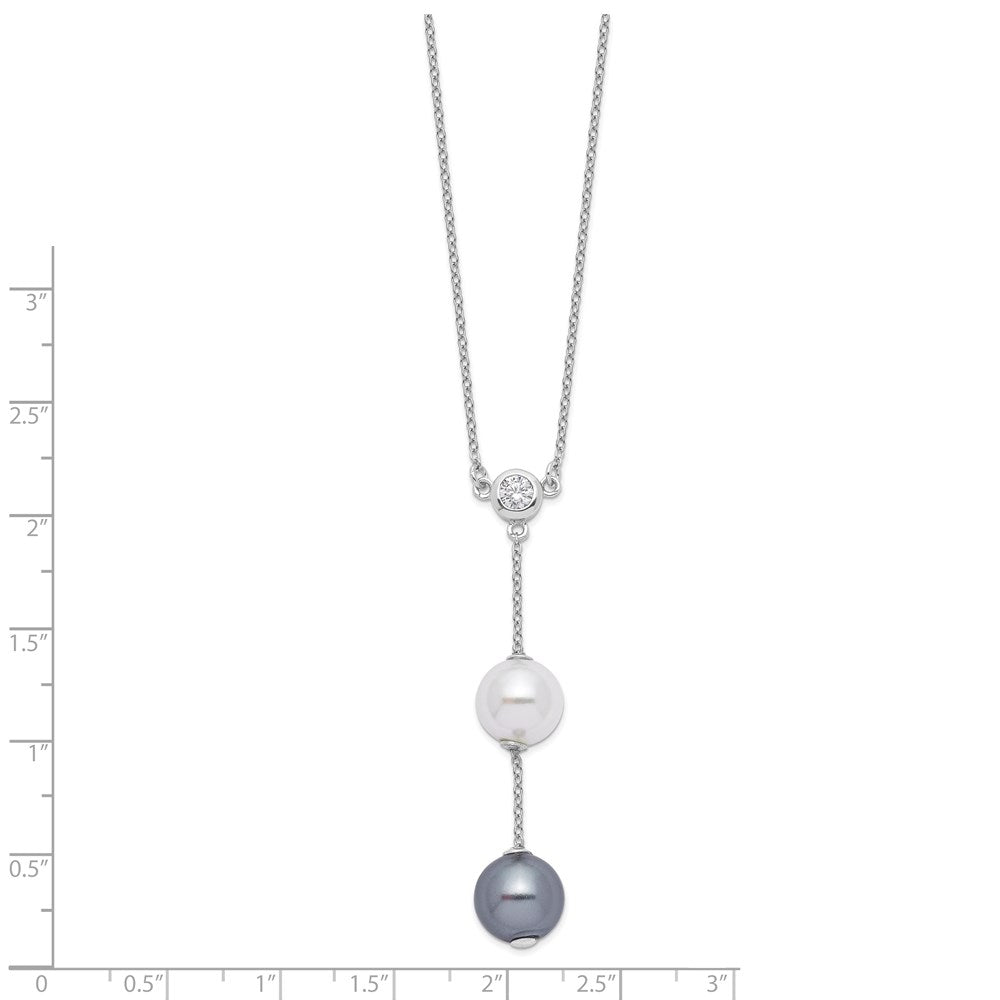 Majestik Sterling Silver Rhodium-plated 10-11mm White and Grey Imitation Shell Pearl and CZ Spring Ring Clasp 18 inch Necklace 18 Inches