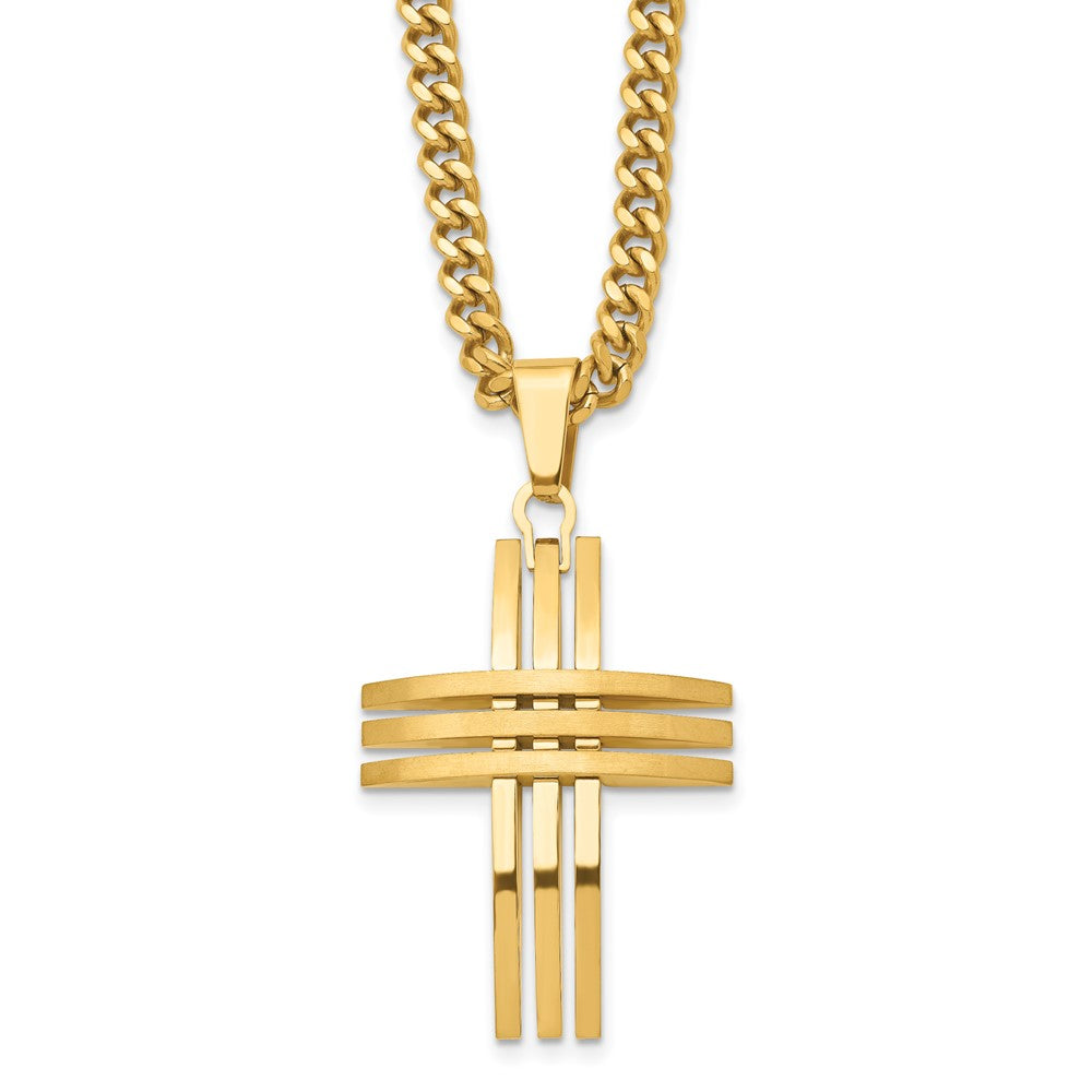 Stainless Steel Brushed and Polished Yellow IP-plated Cross Necklace