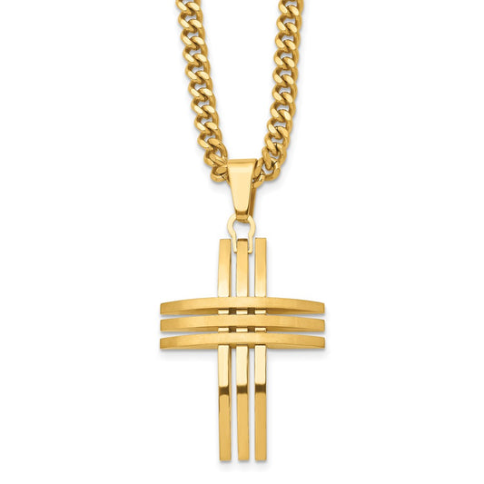 Stainless Steel Brushed and Polished Yellow IP-plated Cross Necklace