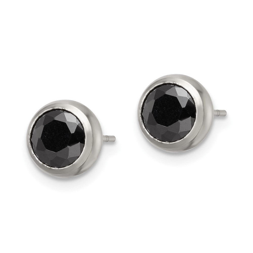 Stainless Steel Polished 6mm Bezel Black CZ Stud Post Earrings