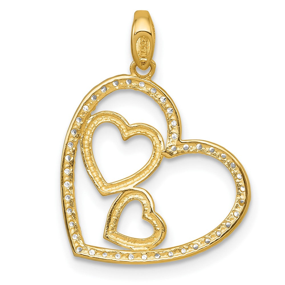 10k Polished CZ Heart with Two Hearts Inside Pendant