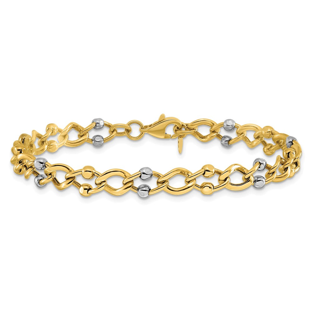 10K Two-tone Polished Fancy Link with Beads Bracelet 7.5  inches