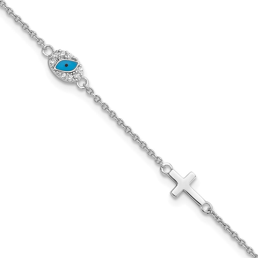 Sterling Silver RH CZ Enamel Cross w/Eye 6.5in w/1in ext Bracelet 7.5 inches