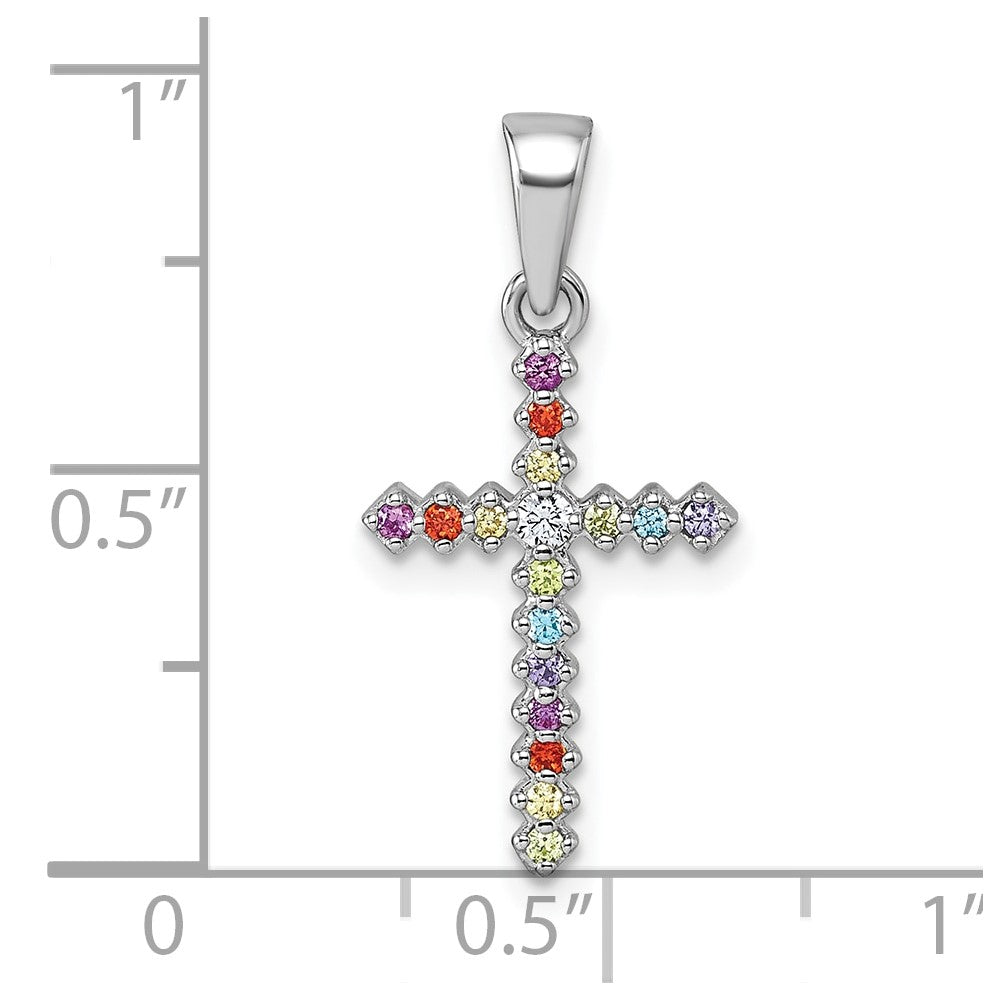 Sterling Silver Rhodium-plated Polished Multi-color CZ Cross Pendant