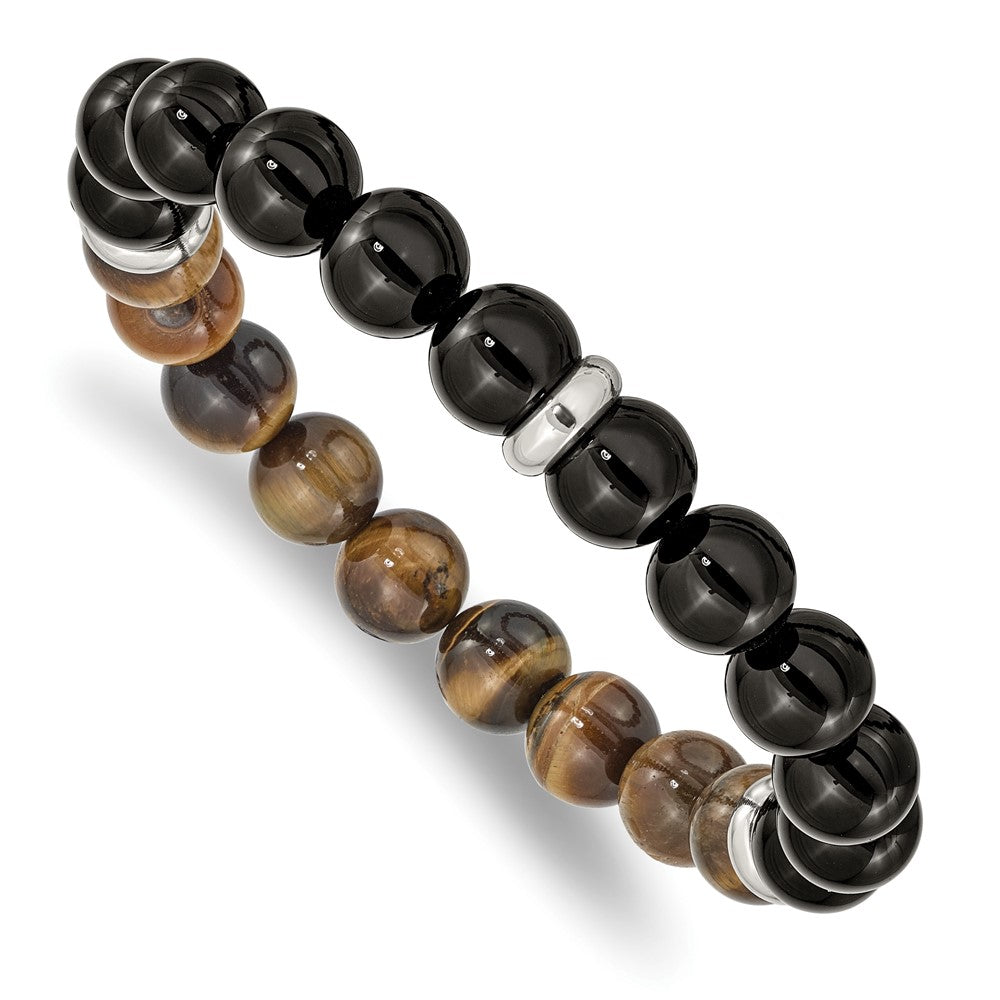 Stainless Steel Polished Black Agate and Tiger's Eye Stretch Bracelet 7.25 inches