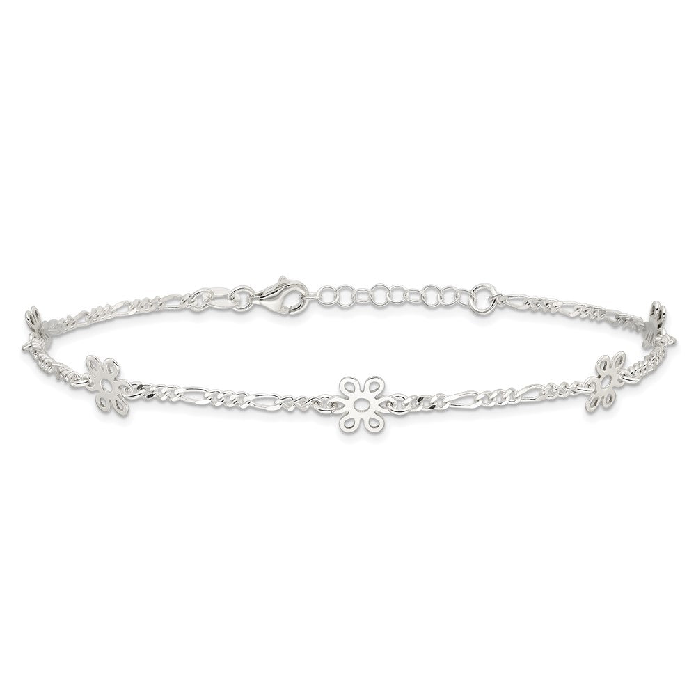 Sterling Silver Polished Flower 9in Plus 1in Ext. Anklet 9 inches