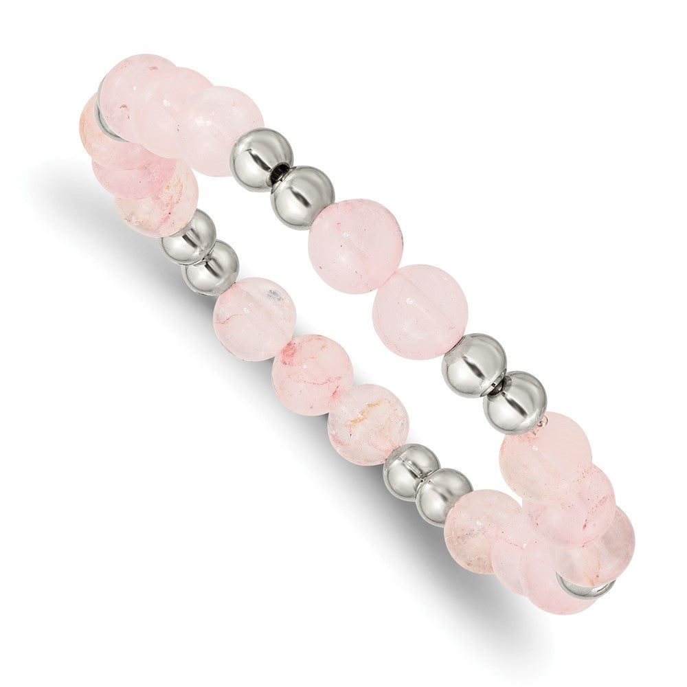 Stainless Steel Polished Pink Quartz Beaded Stretch Bracelet 6.75 inches