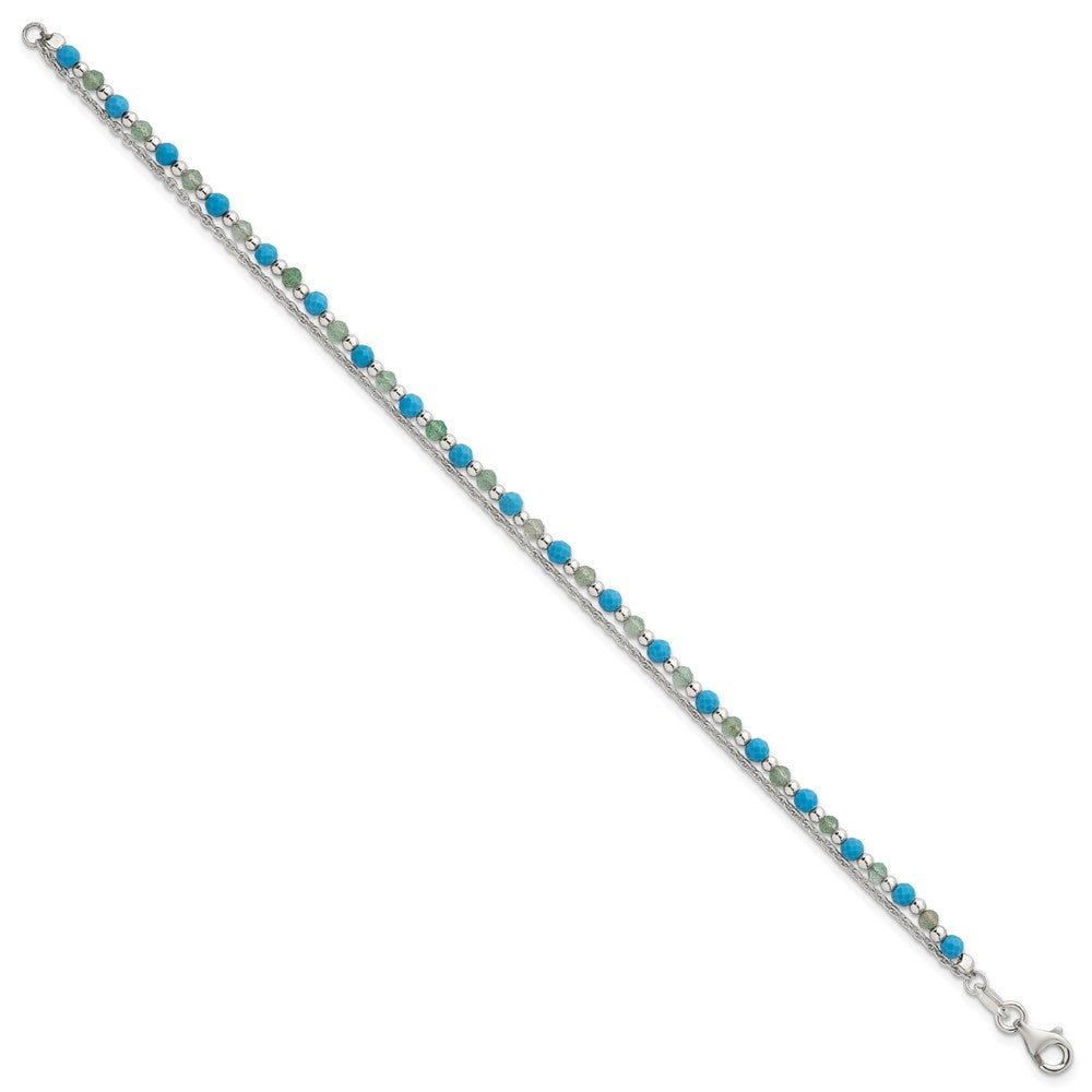 Sterling Silver Polished Green Aventurine and Turquoise Beaded Double Strand 7.5 inch Bracelet