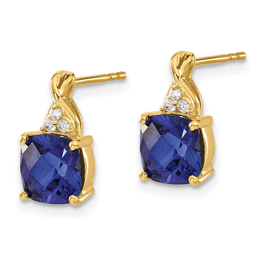 14k Checkerboard Created Sapphire and Diamond Earrings