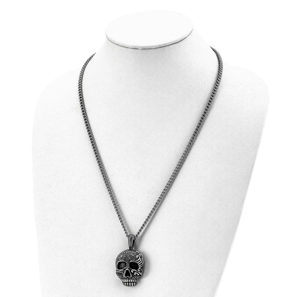 Stainless Steel Antiqued & Textured Skull 24in Necklace