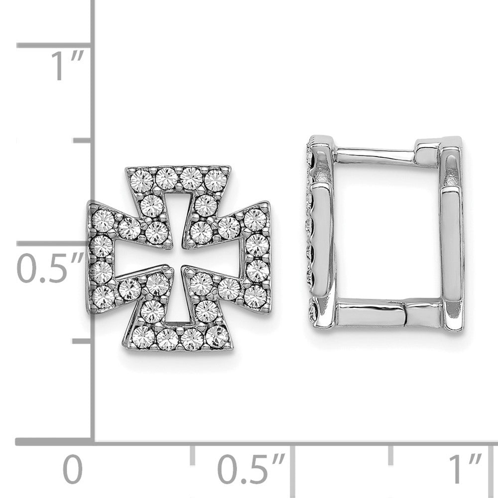 Sterling Silver RH-plated Blk Enamel Cross Crystal Hinged Earrings