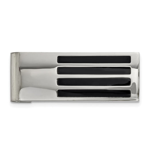 Stainless Steel Polished and Brushed Black Enamel Money Clip