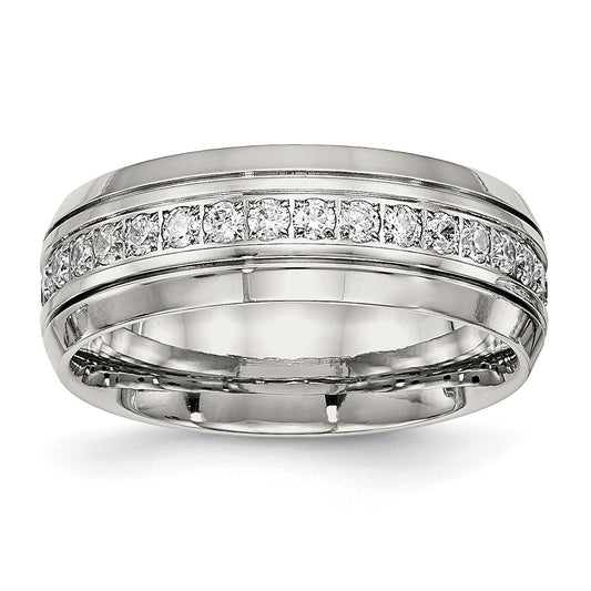 Stainless Steel Polished and Grooved w/CZ 8mm Half Round Band Size - 7