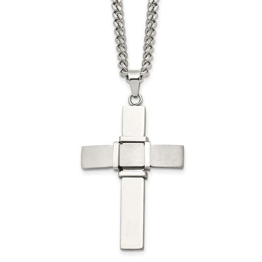 Stainless Steel Brushed and Polished Cross 22in Necklace
