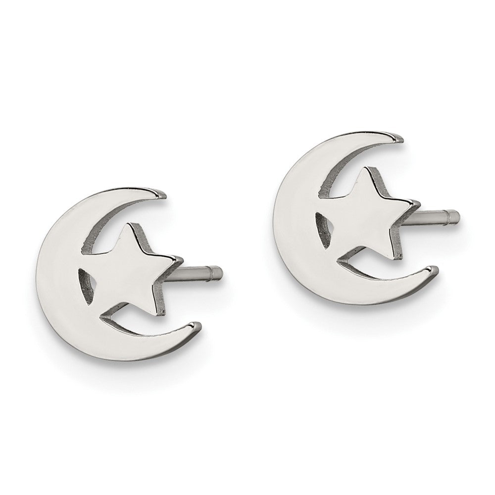 Stainless Steel Polished Moon and Star Post Earrings