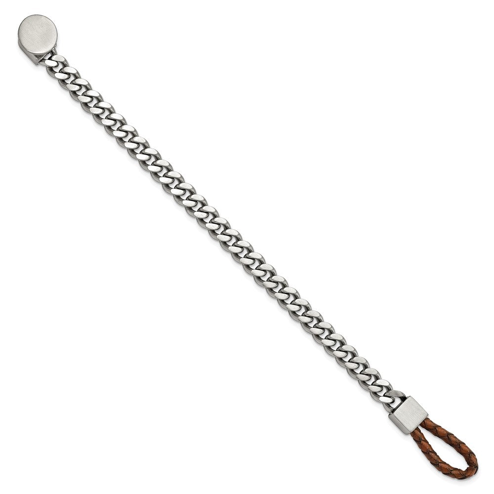 Stainless Steel Brushed & Polished Chain w/Brown Leather Hook Bracelet 8.25 inches