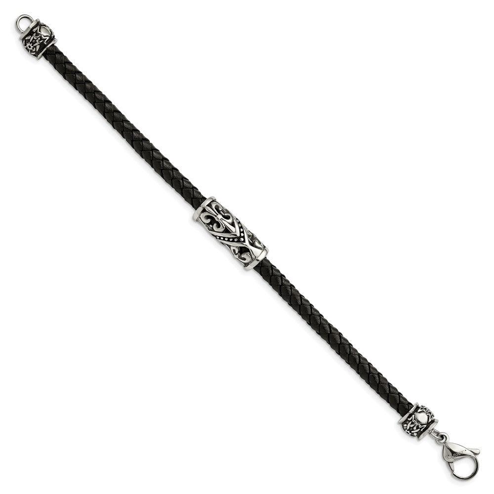 Stainless Steel Antiqued & Polished Fleur De Lis Black Leather Bracelet 8.5 inches