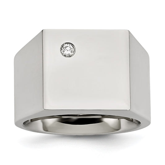 Stainless Steel Polished CZ Signet Ring Size - 12