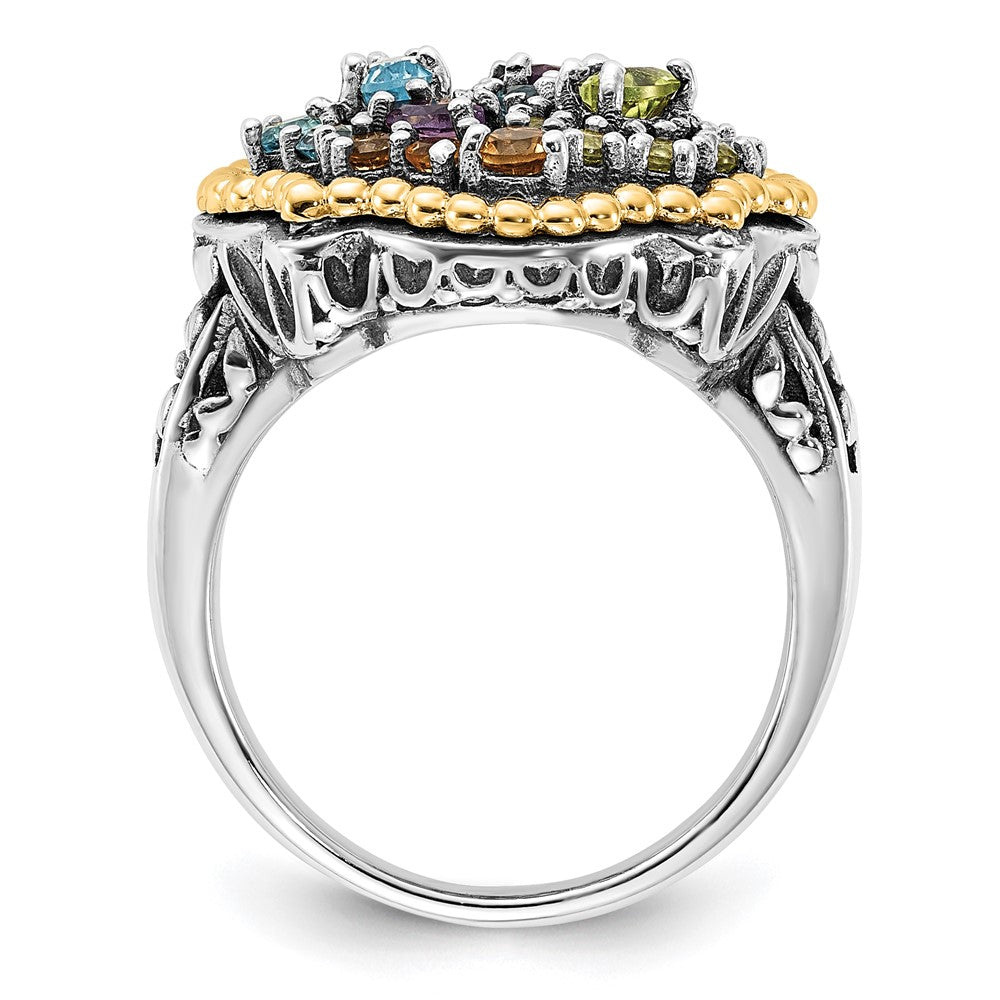 Sterling Silver w/14k Accent Polished & Antiqued 1.43tw Multi Gemstone Ring