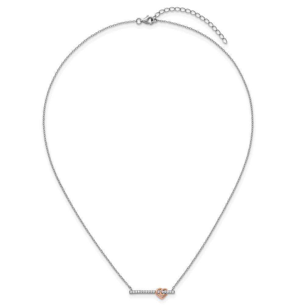 SS RH-pltd and Rose-tone CZ Heart Bar 16in w/2in Ext Necklace 16 Inches