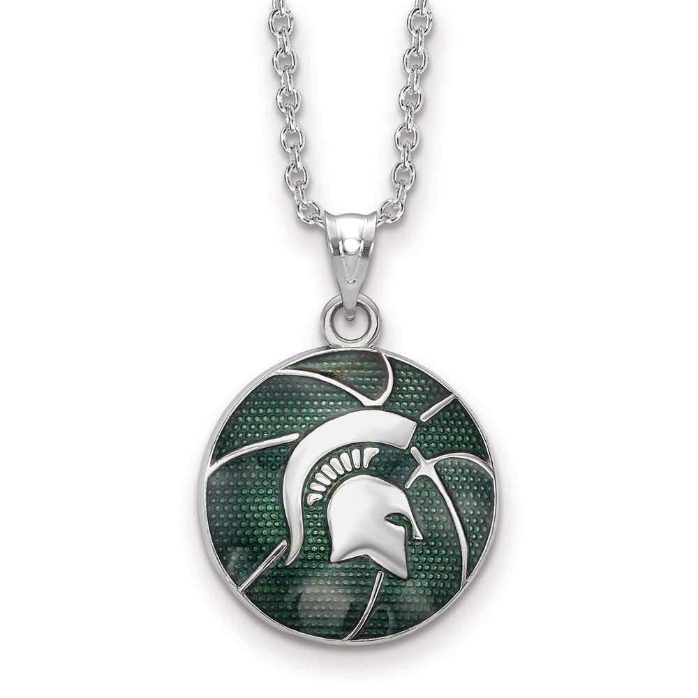 Sterling Silver Michigan State University Enameled Basketball Necklace