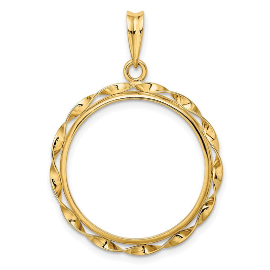 Wideband Distinguished Coin Jewelry 14k Polished Hand Twisted Ribbon 22.0mm Prong Coin Bezel Pendant
