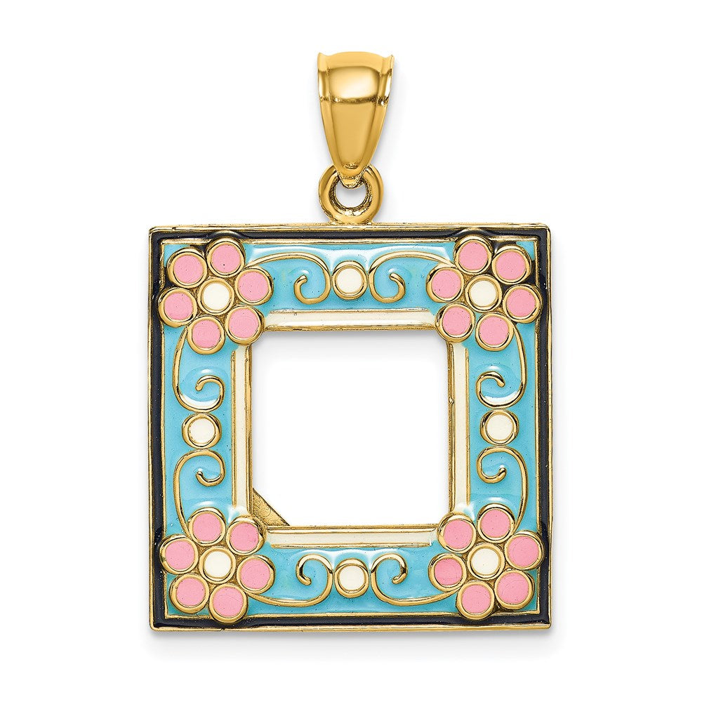 14K w/ Enamel Aqua Floral Picture Frame Charm