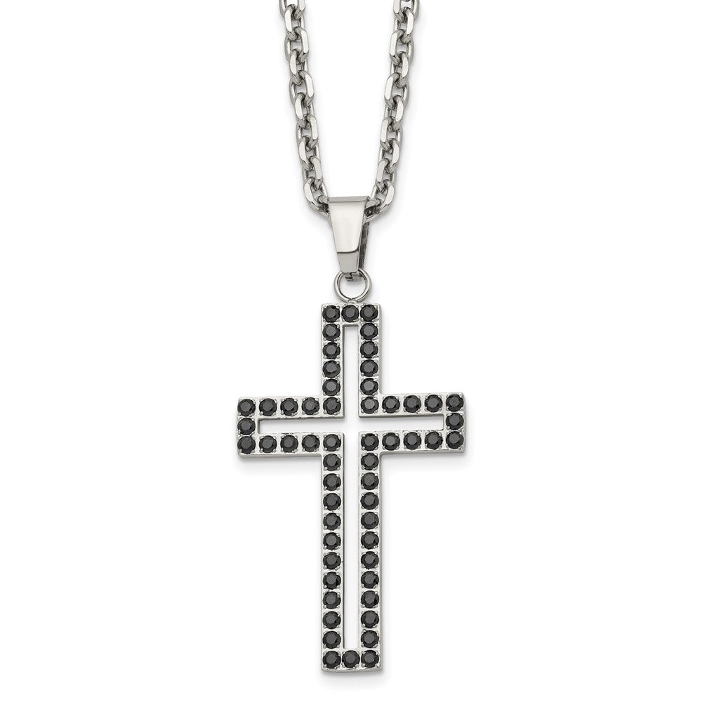 Stainless Steel Polished Black CZ Cross 20in Necklace